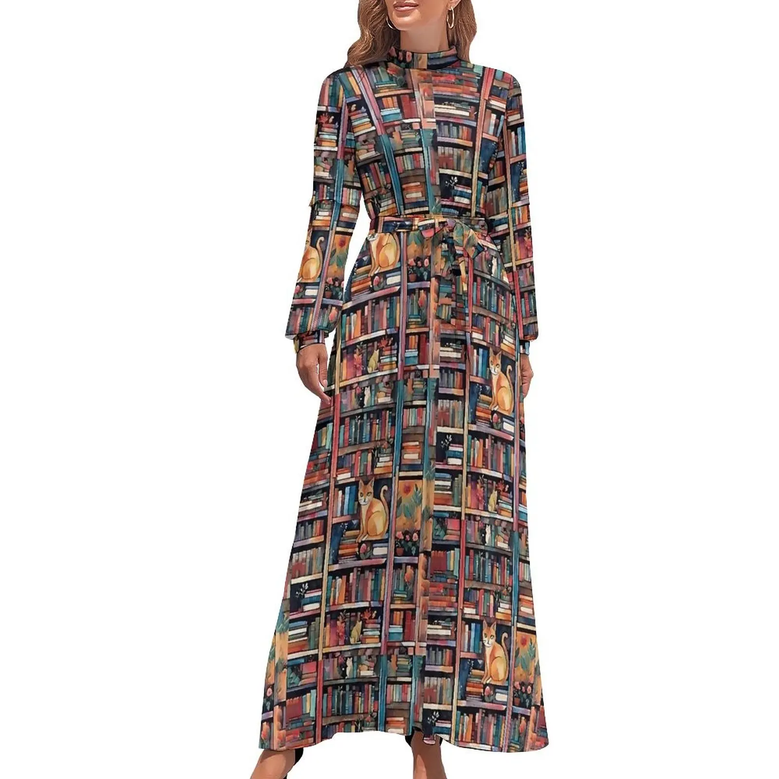 Colorful Library Cat Dress High Waist  Pattern Bohemia Dresses Long Sleeve Aesthetic Long Maxi Dress Sexy Clothing