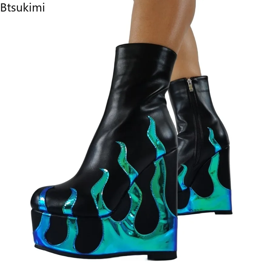 New 2026 Women's Fashion Halloween Patch Flame Boots Pointed Nose Blue Thick Heel Shoes for Women Goth Side Zipper Shoes Female