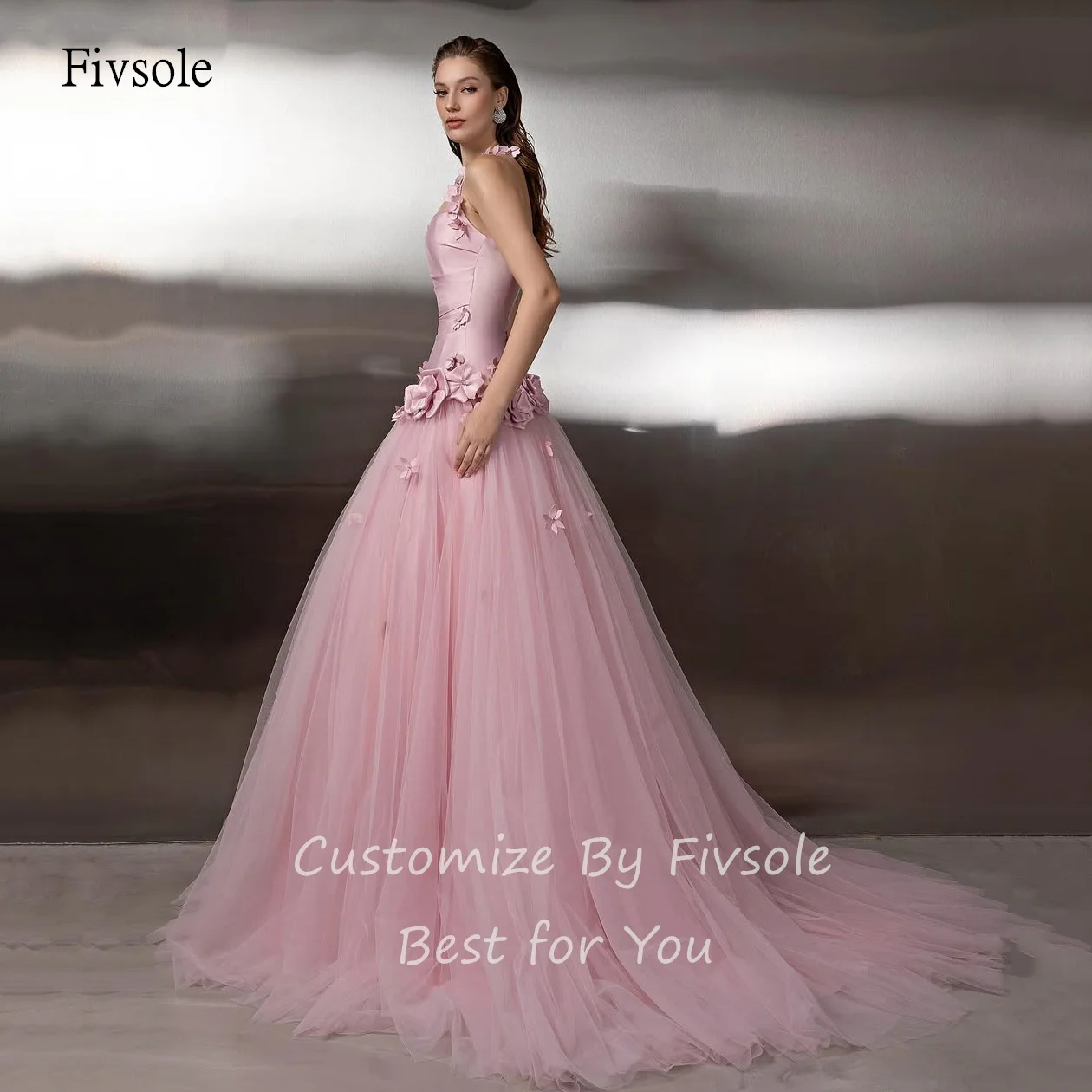 Fivsole أنيقة الوردي الزهور الرسن ألف خط الحفلة الراقصة عارية الذراعين حزب ثوب الطابق طول مساء اللباس مخصص #4