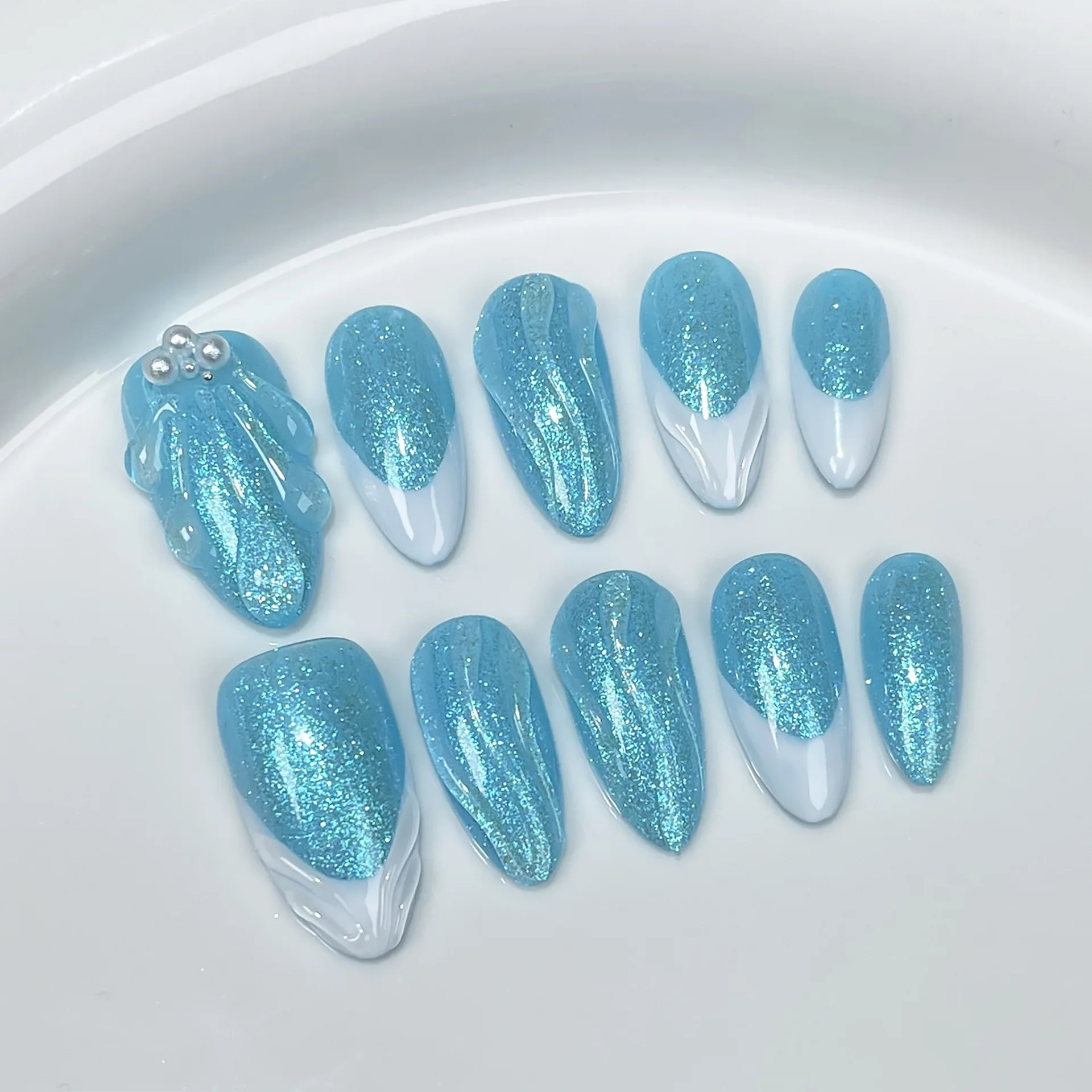 10pcs Handmade Blue Press On Nail Almond Hand Painted Shells False Nail French Style Summer Nails For Holiday Manicure Art