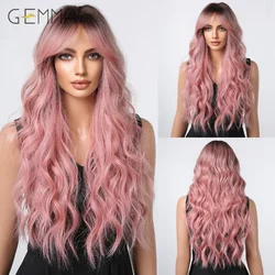 Synthetic Long Pink Wavy Wig with Bangs Curly Wave Natural Hair Dark Roots Wigs for Women Cosplay Party Lolita Heat Resistant