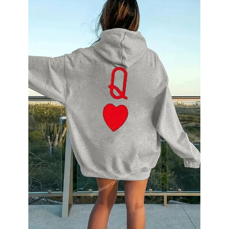 Oversized Streetwear Hoodie Halloween Gifts Red Letter Q Heart Pattern Fall Clothes Autumn Winter Daily Wear Gift For Her