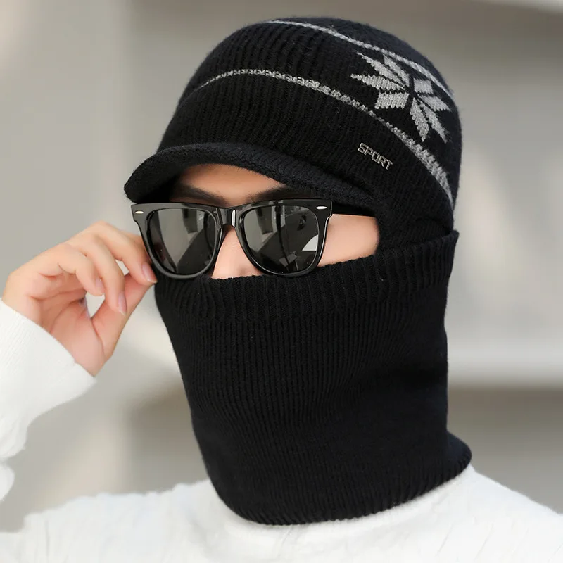 Winter Men Knitted Hat Warm Outdoor Riding Thickened Windproof Ear Protection Duck Tongue Wool Hat Scarf Two Piece Set Thermal