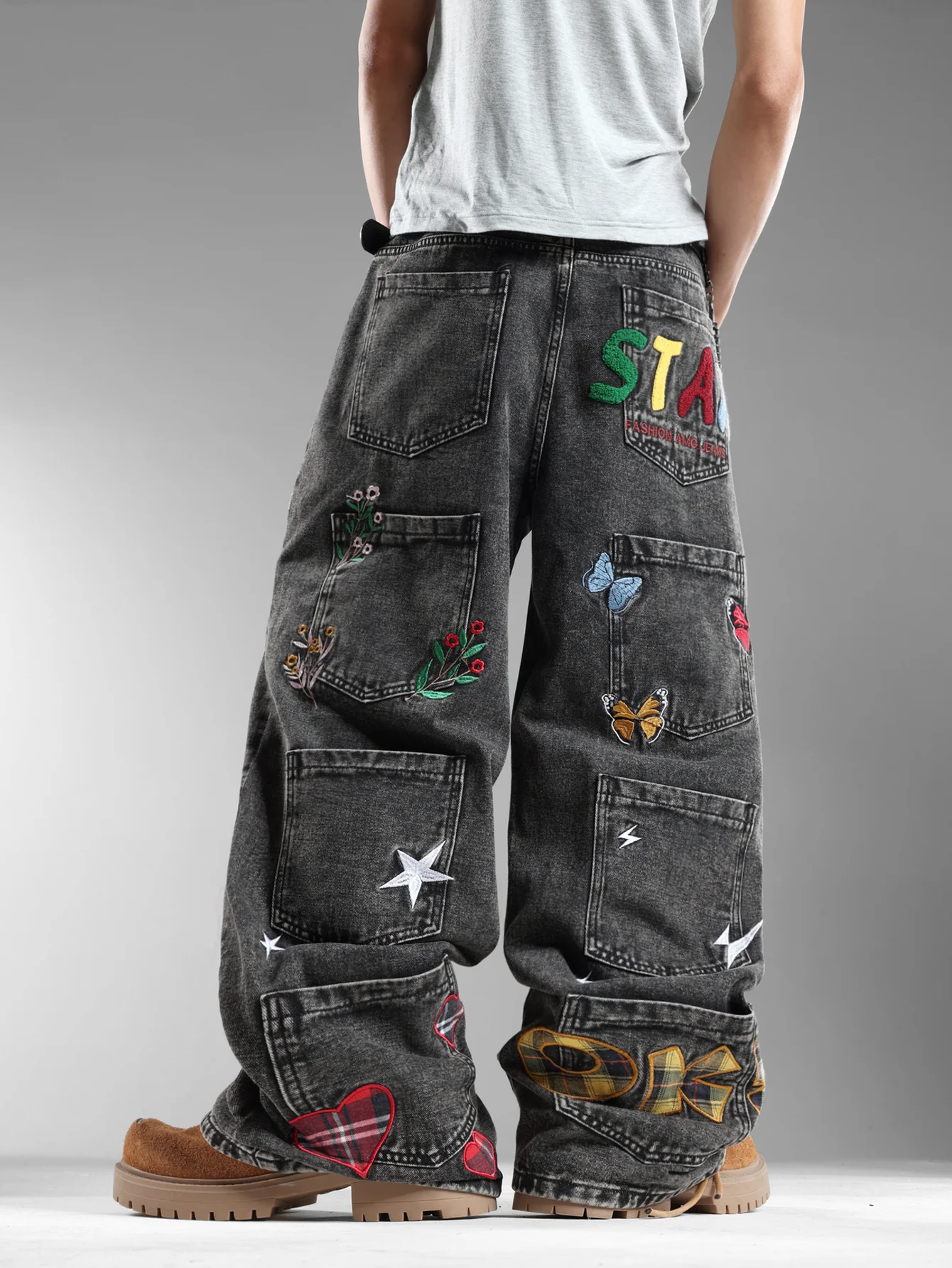 American-Style Vintage Embroidered Men's Loose Wide-Leg Jeans, Distressed Washed Y2K Street Fashion Versatile Long Pants