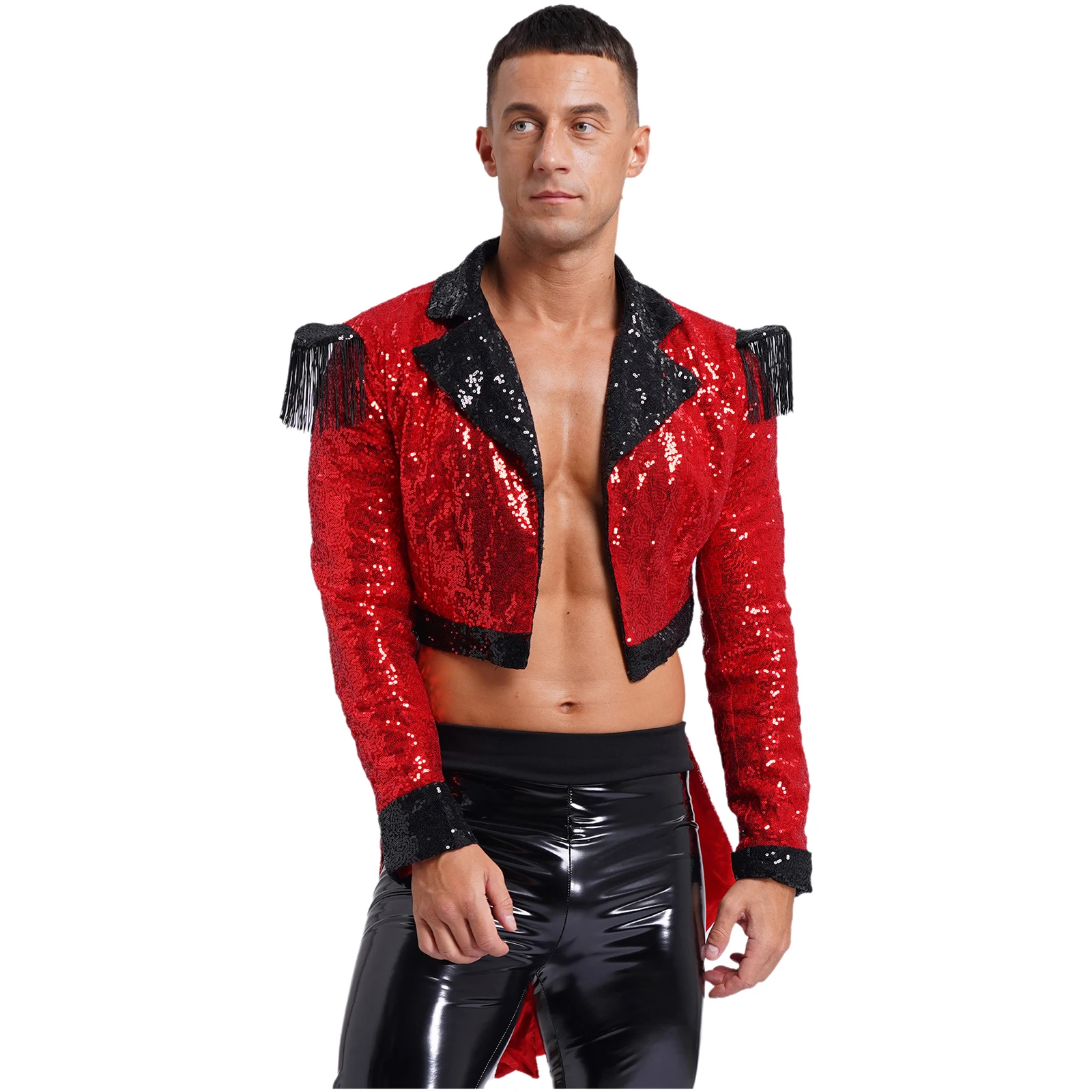 Giacca da smoking con paillettes scintillanti da uomo Costume da diavolo rosso Halloween Circus Ringmaster mago Costume Cosplay Fancy Dress Up