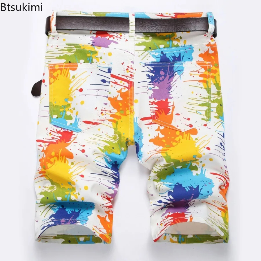 2025 Men's Fashion 3D Print Jeans Hip Hop Streetwear Y2K Fancy Color Painted Stretch Denim Shorts Male Candy Color Casual Shorts