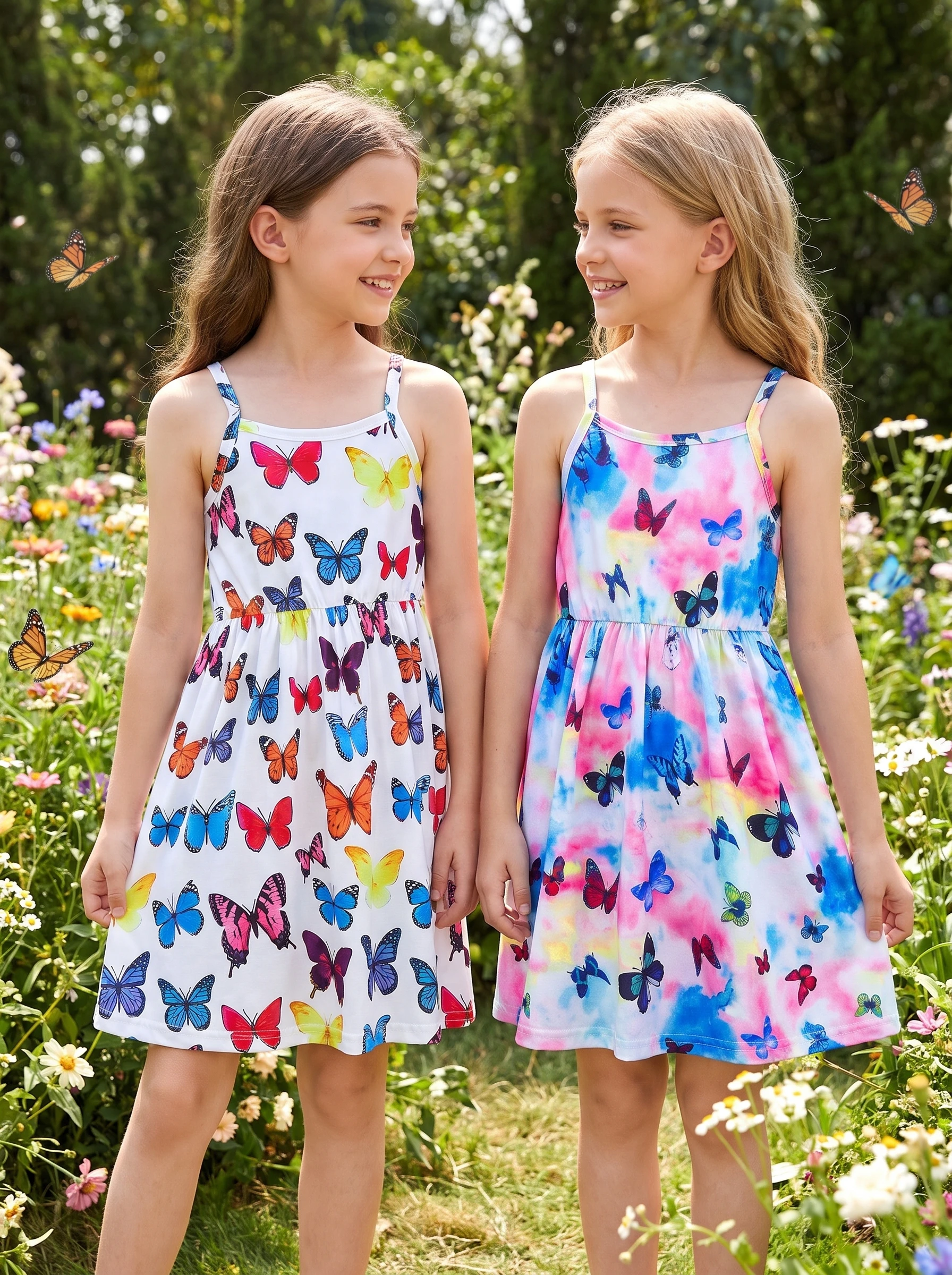 Girl's Butterfly Dress Spaghetti Strap A-Line Tie Dye Floral 7-14Y Summer Beach Party Outdoor Vacation Daily Play 2 Pack Dresses