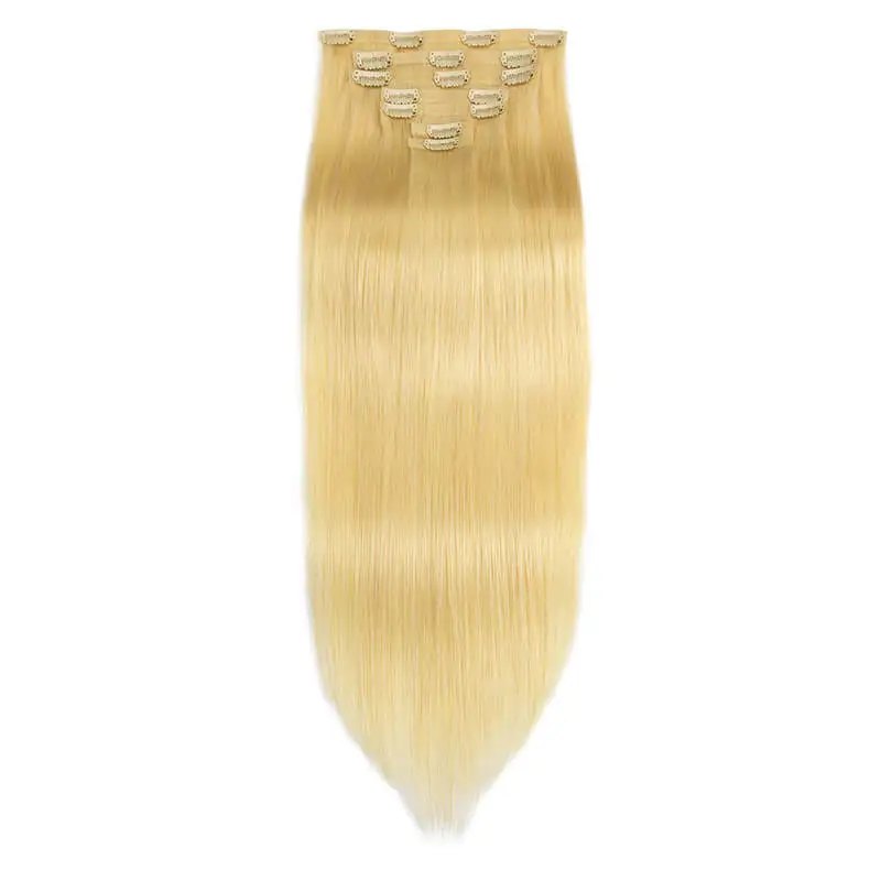 Extensiones de cabello rubio liso con Clip de PU, cabello humano 100% Remy de 12-24 pulgadas, 7 piezas, trama de piel sin costuras