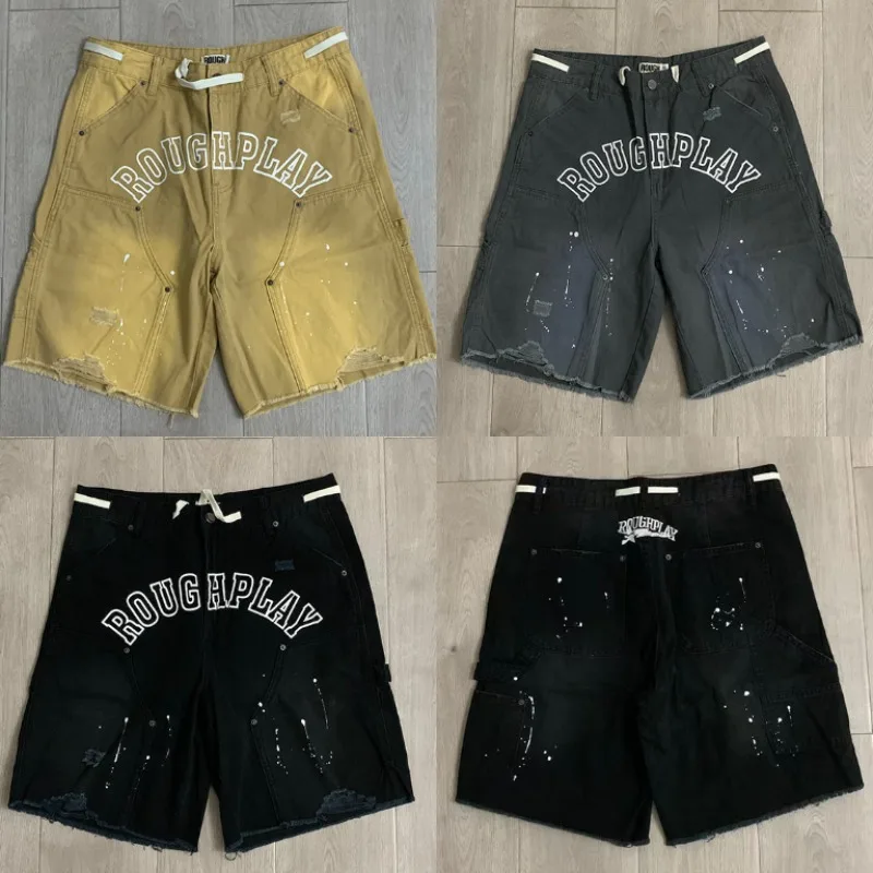 Rough Play Vintage Casual Shorts For Men Women Paint Splash Distressed Frayed Hem Letter Graphic Shorts