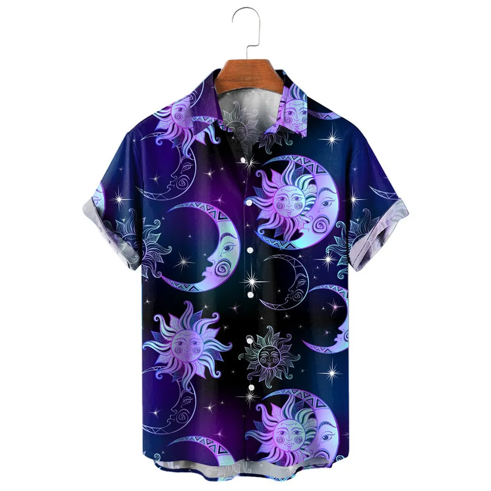 

HX Fashion Men's Shirts Moon Sun Vintage Pattern 3D Printed Casual Shirt Short Sleeve Beach Shirt Camisas Dropshipping