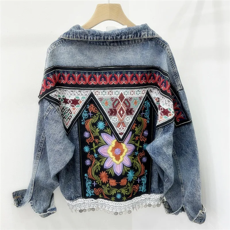 Vintage Women Denim Jackets Embroidery Coats Spliced Jacket Long Sleeve Cardigan Single Breasted  Buttons Basics Washed