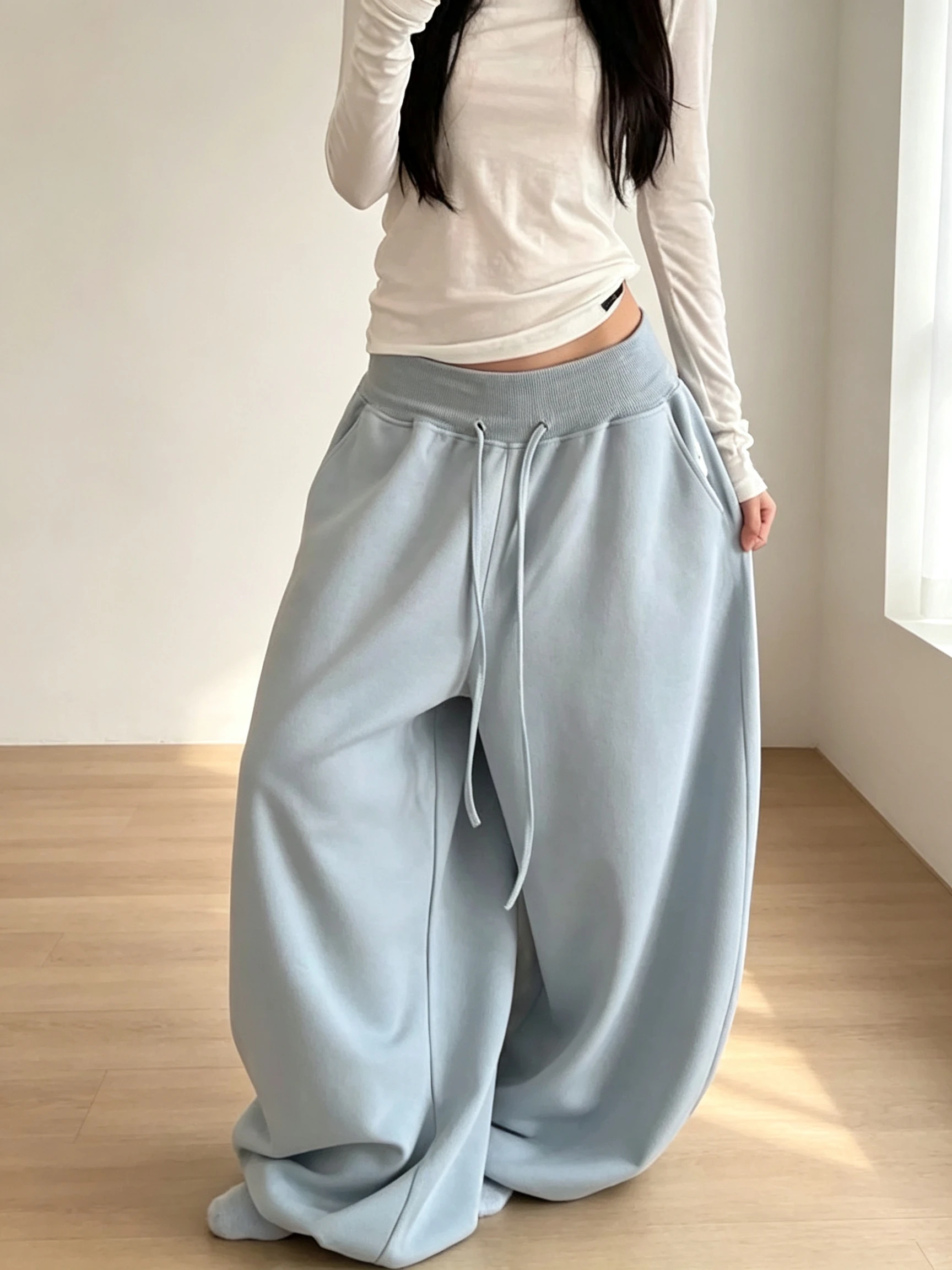 Retro American Lazy Style High-End  Color Block Wide Leg Sports Loose Casual Pants Women's Autumn New Long Trousers