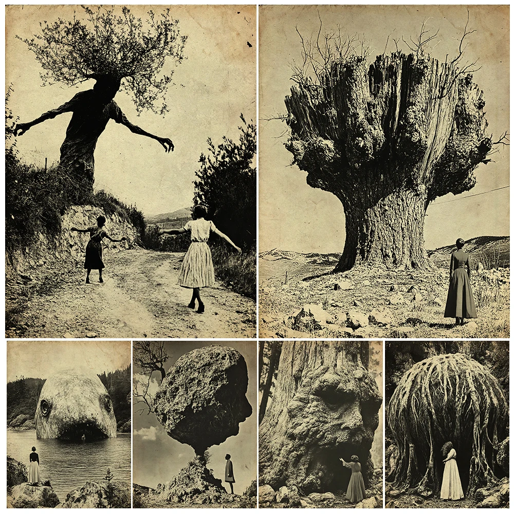 Strange Giant Trees And Boulders Vintage Photo Wall Art Canvas Print,Creepy Monster Antique Art Poster Print Home Decor Unframed