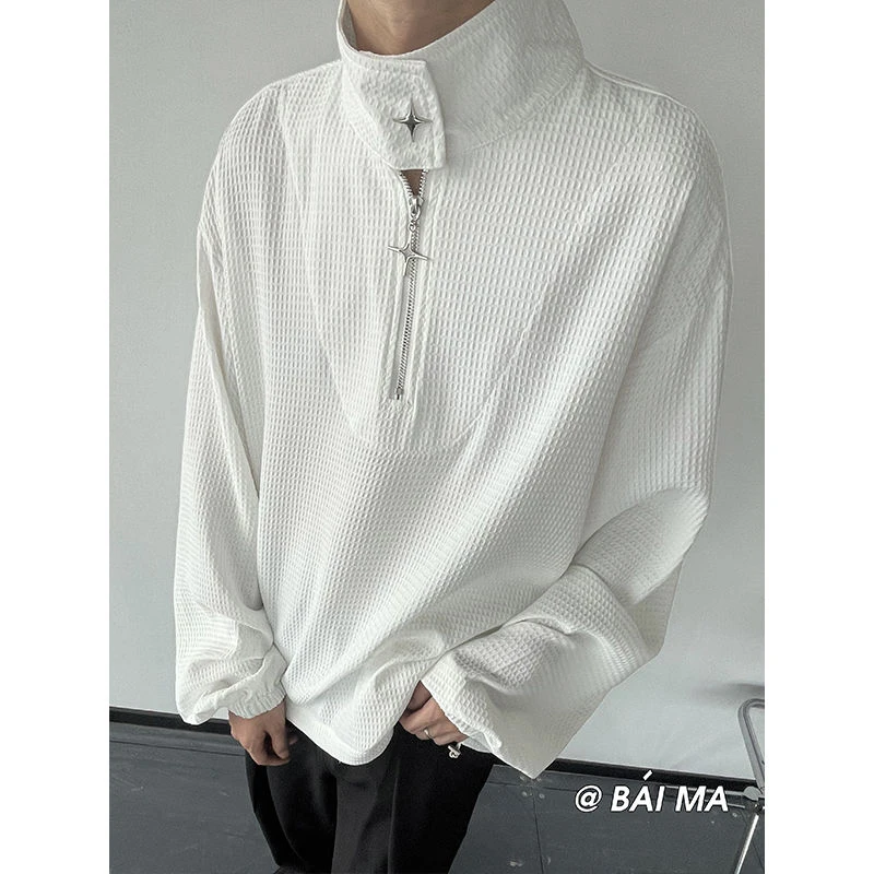Spring Waffle Plaid Half Zipper Men Long Sleeve Sweatshirt High Street Punk Fashion All-match Oversized T Shirts Top Black White