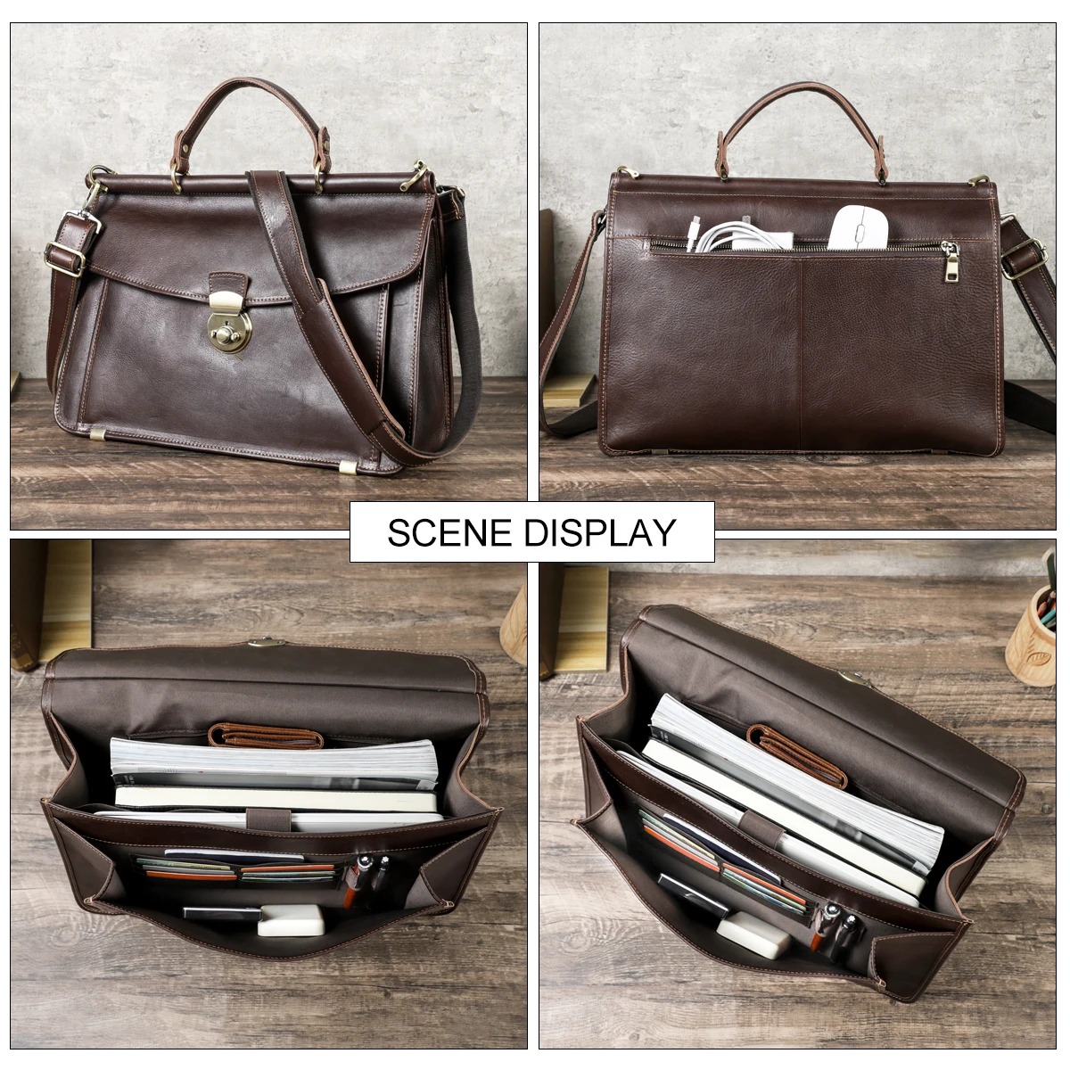 Bolsos de negocios de cuero genuino de CONTACT'S para hombre, maletín de cuero curtido vegetal italiano, bolsos de mano para ordenador portátil para Macbook Pro de 14"