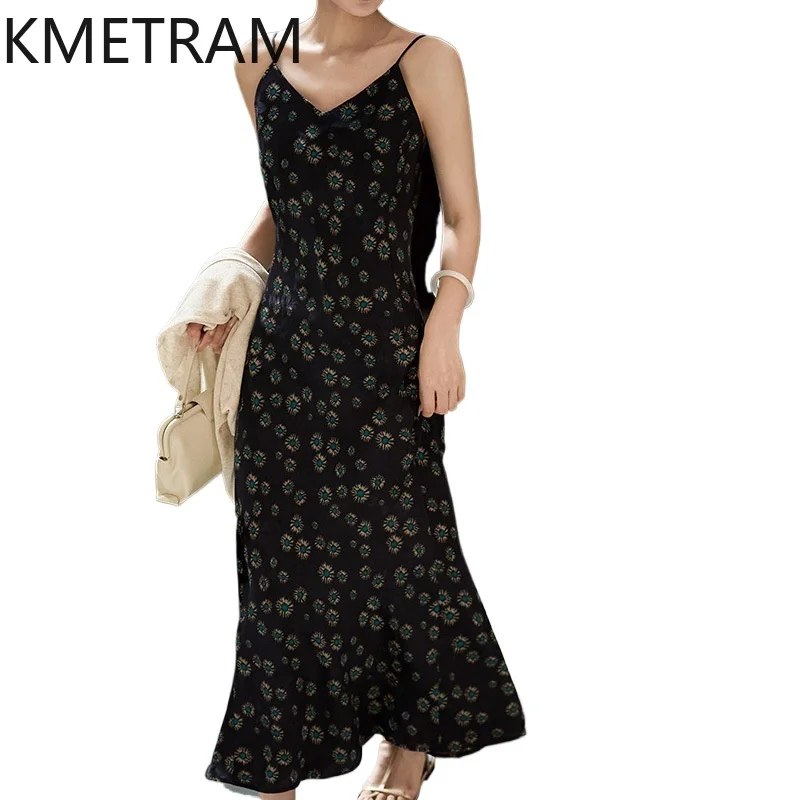 

KMETRAM 22MM 100% Mulberry Silk Slip Dresses for Women Real Xiangyun Sha Long Dress Print Vacation Frocks Woman Clothes 2026 원피스