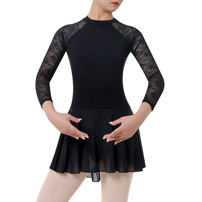 Women\'s Black Ballet Clothes Temperamental Turtleneck Dance Leotard With Druable Skirt Adult Lace Long Sleeve Ballet Dress