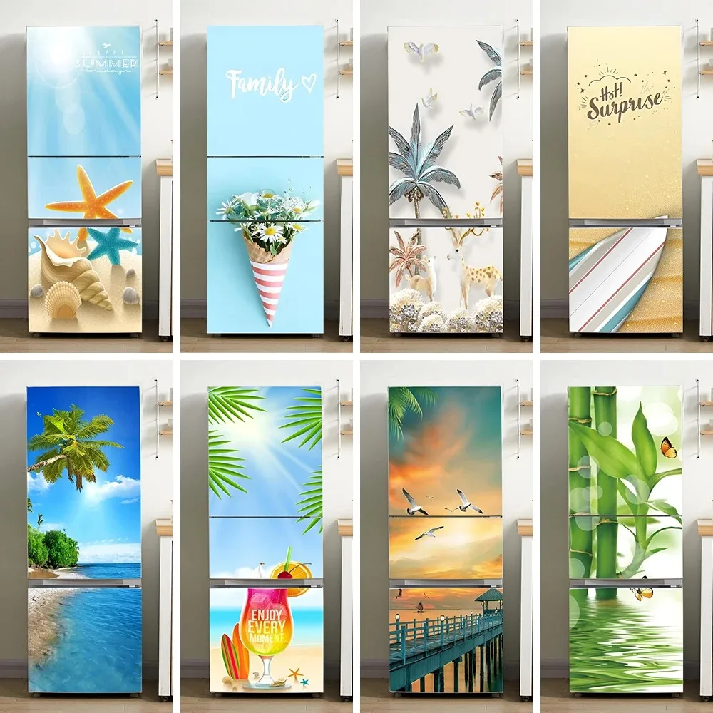 

Summer Blue Sea Beach Fridge Door Sticker Waterproof PVC Refrigerator Mural Decal Kitchen Home Decor