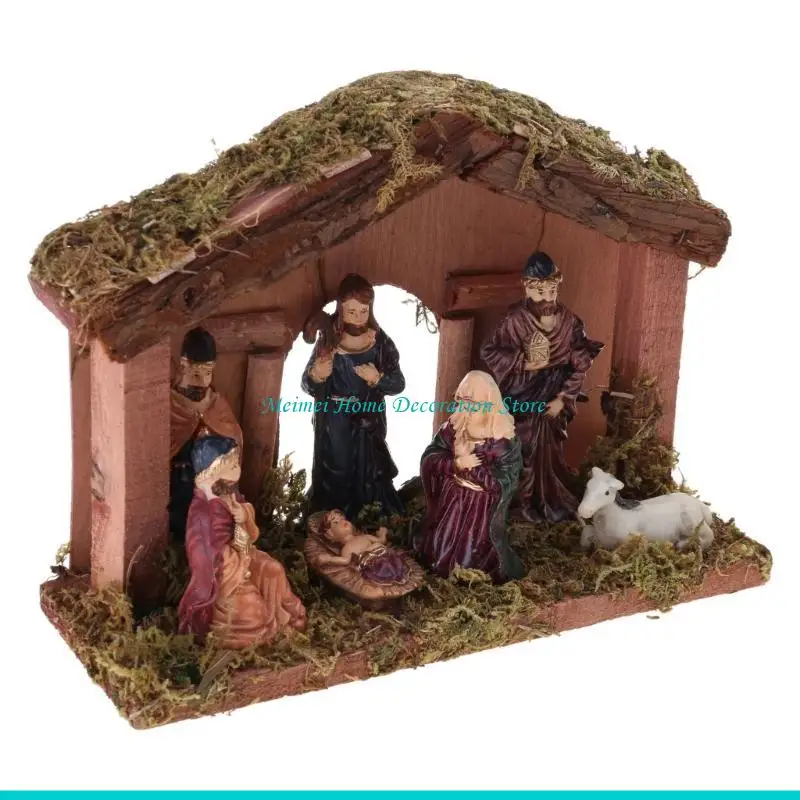 H7BF Christmas Nativity Manger Figurine Resin Birth Statue Religious Ornament Jesus