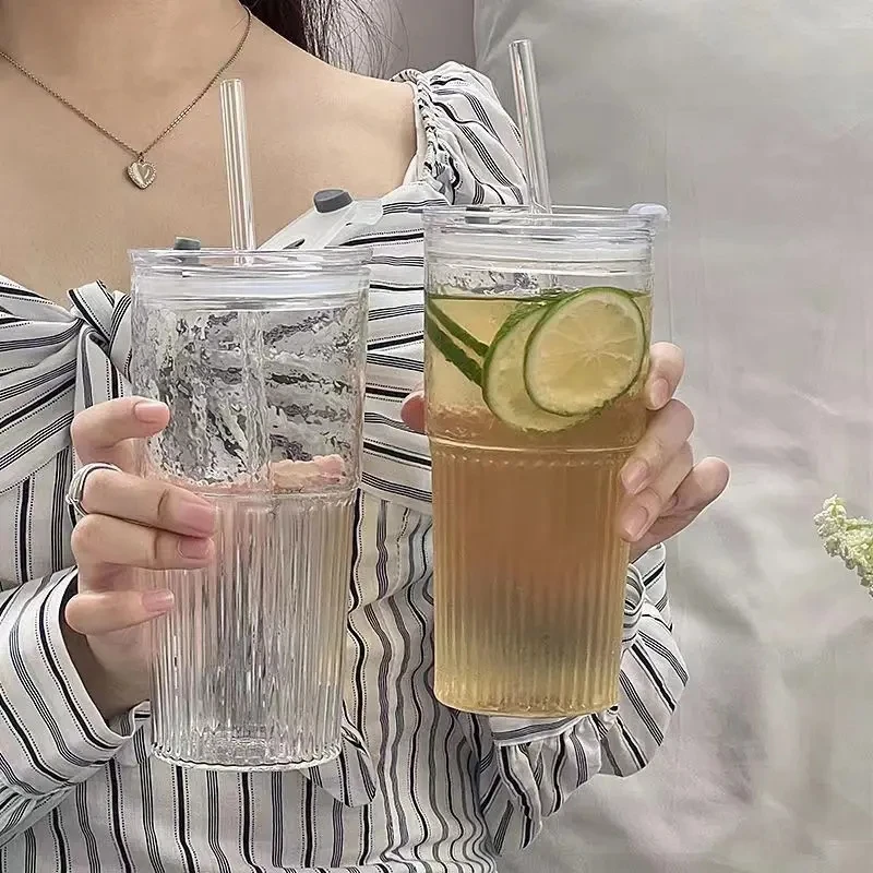 600ml Stripe Glass Cup Transparent Glasses With Lid and Straw Drinking Glasses Coffee Mug Juice Milk Tea Water Cups Drinkware