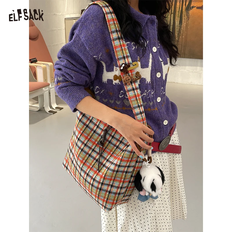 

ELFSACK 2025 Winter New Arrivals Basic Drawstring Multi Color Checkered Shoulder Bag For Woman