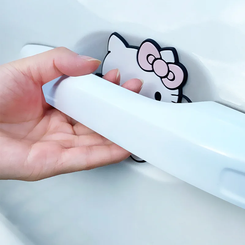 2 buah stiker pelindung pintu mobil Sanrio Hello Kittys Strip Bumper pintu mobil Kawaii Kt stiker pelindung pegangan mobil Anti-gores Film barang dekoratif