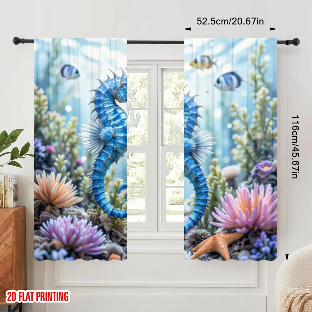 2pcs,2D plane printing Curtain Popular Seahorse Serenade Versatile Polyester Fabric (without rod) Holiday Use for Living Room,
