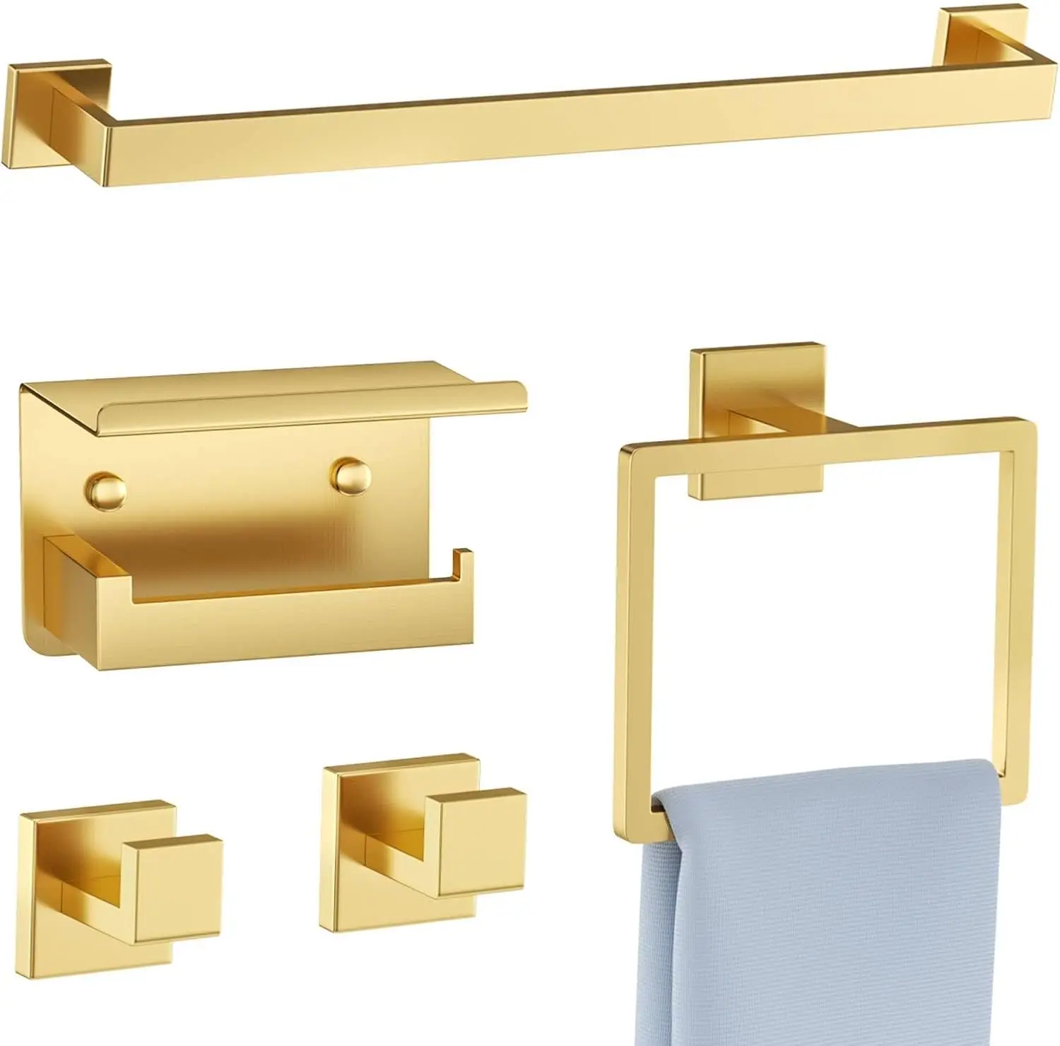 

5-Piece Brushed Gold Bathroom Hardware Set, Stainless Steel Towel Rack with Shelf, Wall-Mounted