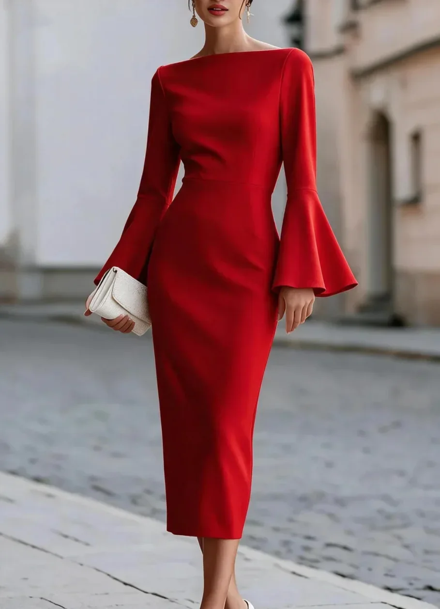 Women Boat Neck Long Sleeve Midi Sheath Dress Flare Cuff Slim Fit Elegant Formal Office Party Dress