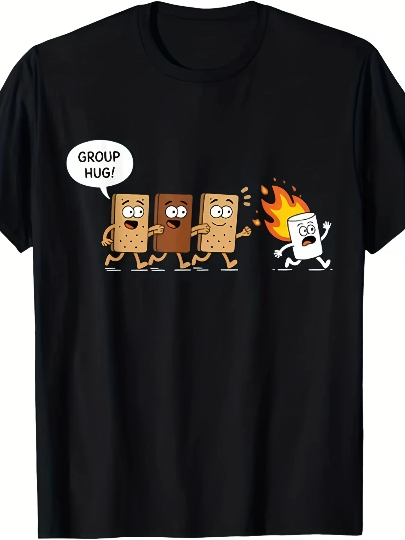 Funny Camping S'mores Group Hug |   Cute Marshmallow Chocolate Graphic Tee |   Men's Casual Short Sleeve T-Shirt |   Comfortable Fit, Crew Neck, Slight Stretch Fabric |   Perfect for Everyday Wear and Sports