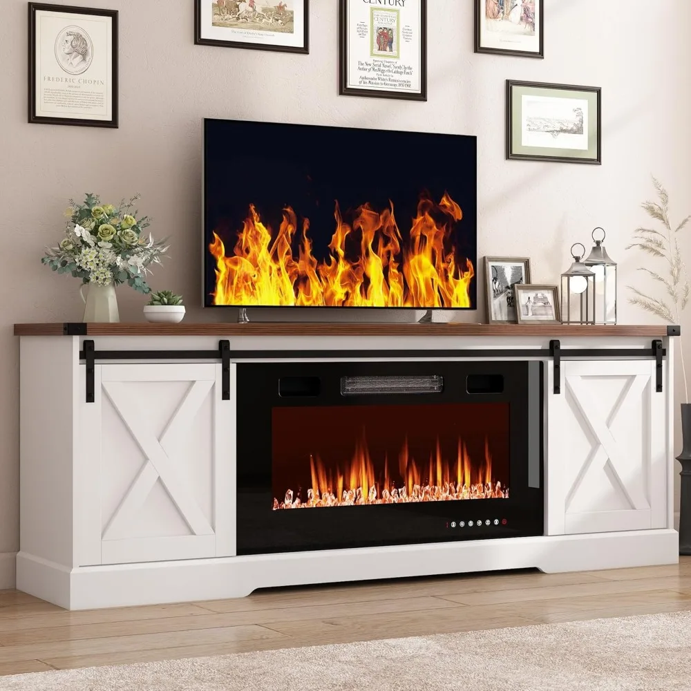 حامل تلفزيون مدفأة المزرعة لتلفزيون 70/75/80 بوصة، وخزائن تخزين مركزية ترفيهية 70 بوصة مع مدفأة كهربائية مقاس 36 بوصة و