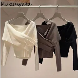 Kuzuwata Sweet Slash Neck Long Sleeve Fresh Pullovers Slim Fit Knit Solid Ruched Jumper Japan New Moda Elegant Casual Sweaters