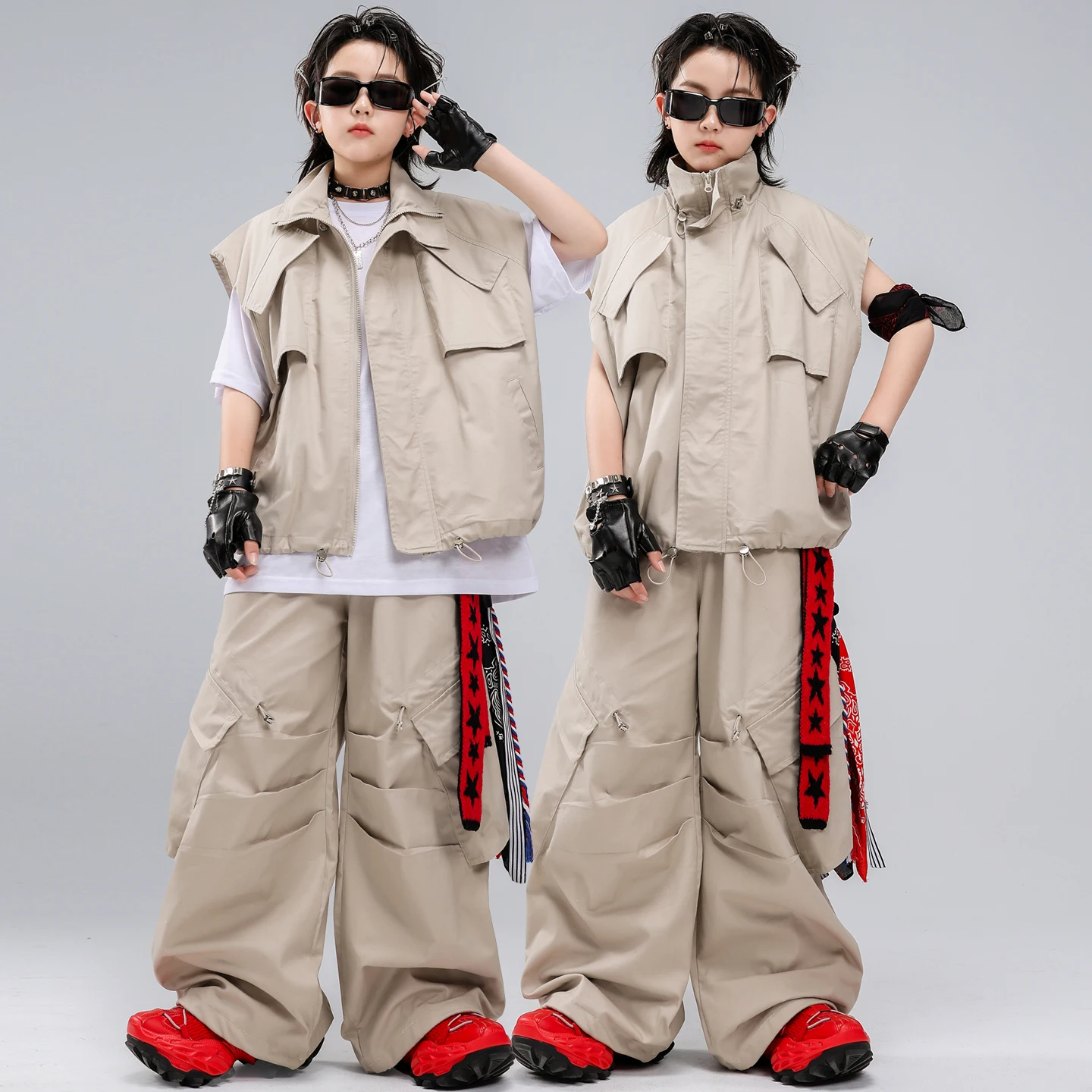Kids Khaki Tactical Hip Hop Dance Outfit Cargo Pants Set with T-Shirt for Boys Girls Street Wear Jazz Performance Competition view 6