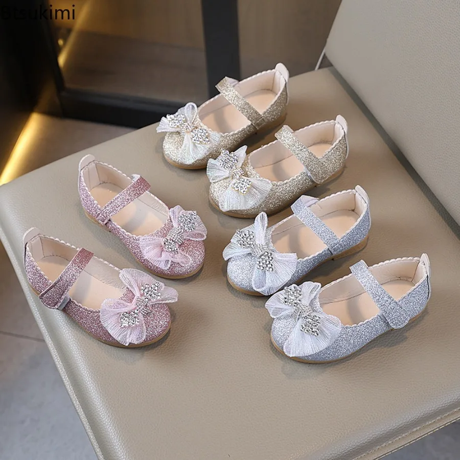 Princess Dance Party Shoes Children's Dresses Shoe Fashion Sequins Bow Tie Kids Leather Shoes Student Performance Crystal Shoes