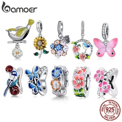 BAMOER 925 Sterling Silver Colored Flower & Bird Charms Sunflower Pendant fit for Original Bracelet & Bangle Fine Jewelry DIY