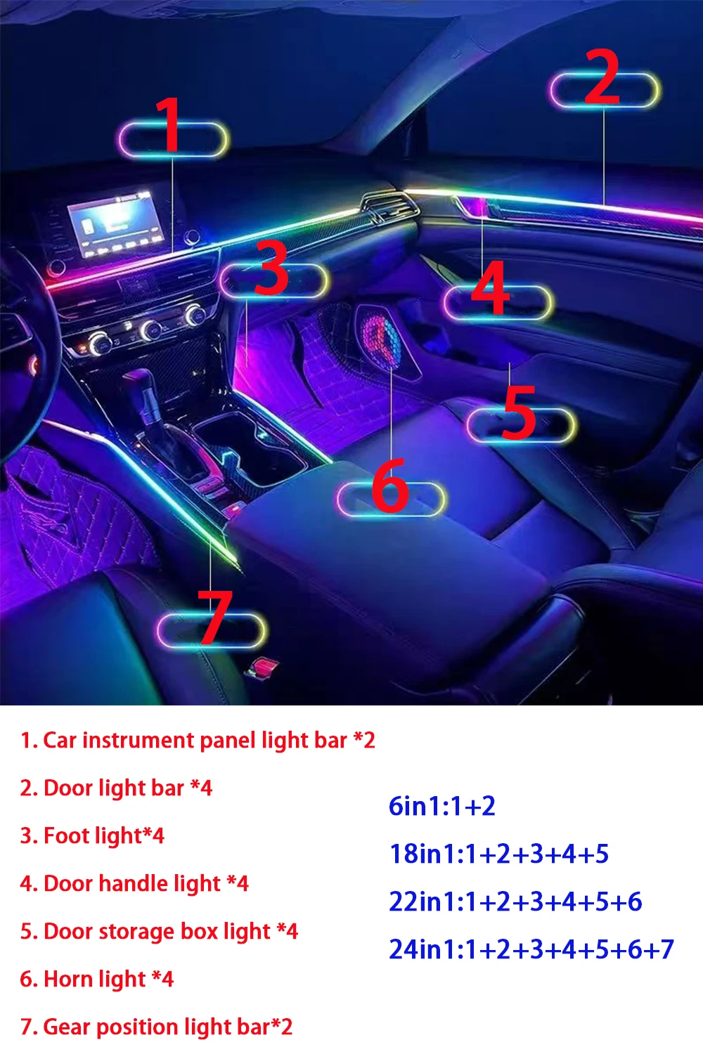 10/14/18 in 1 Led Car Ambient Lights 213 64 Color RGB Symphony Streamer Bluetooth Rainbow Acrylic Strips Atmosphere Lamp Kit 12V