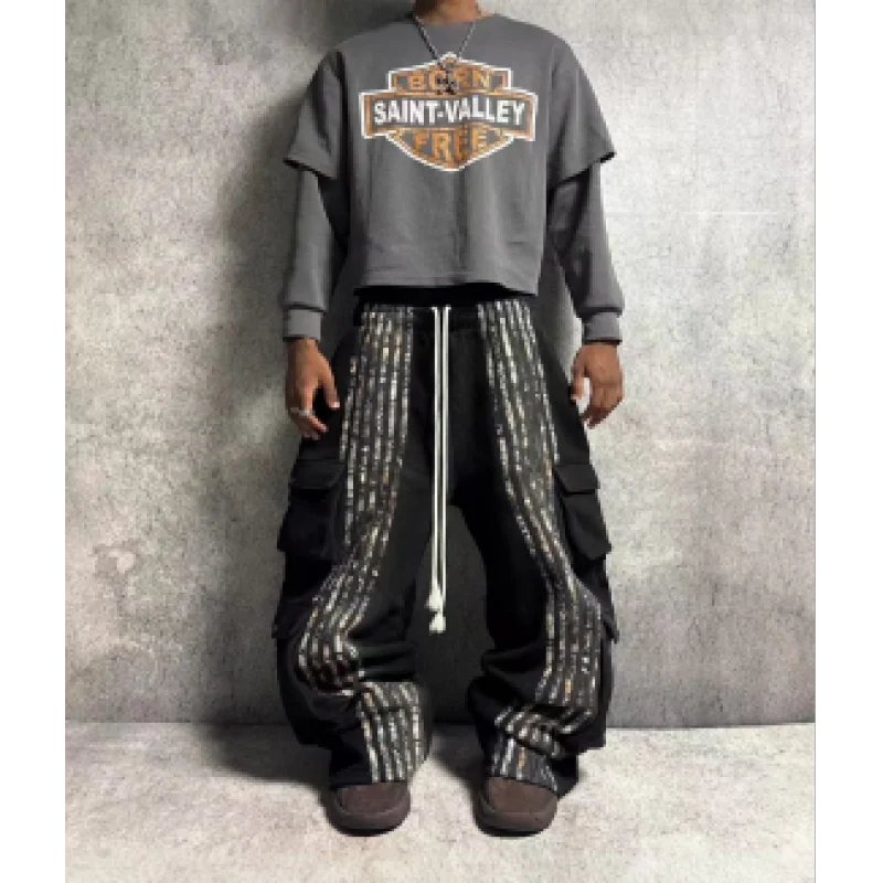 

Simple stripe design multi-pocket high-quality stretch low-rise cargo trousers men's niche rock hip-hop street wide-leg trousers