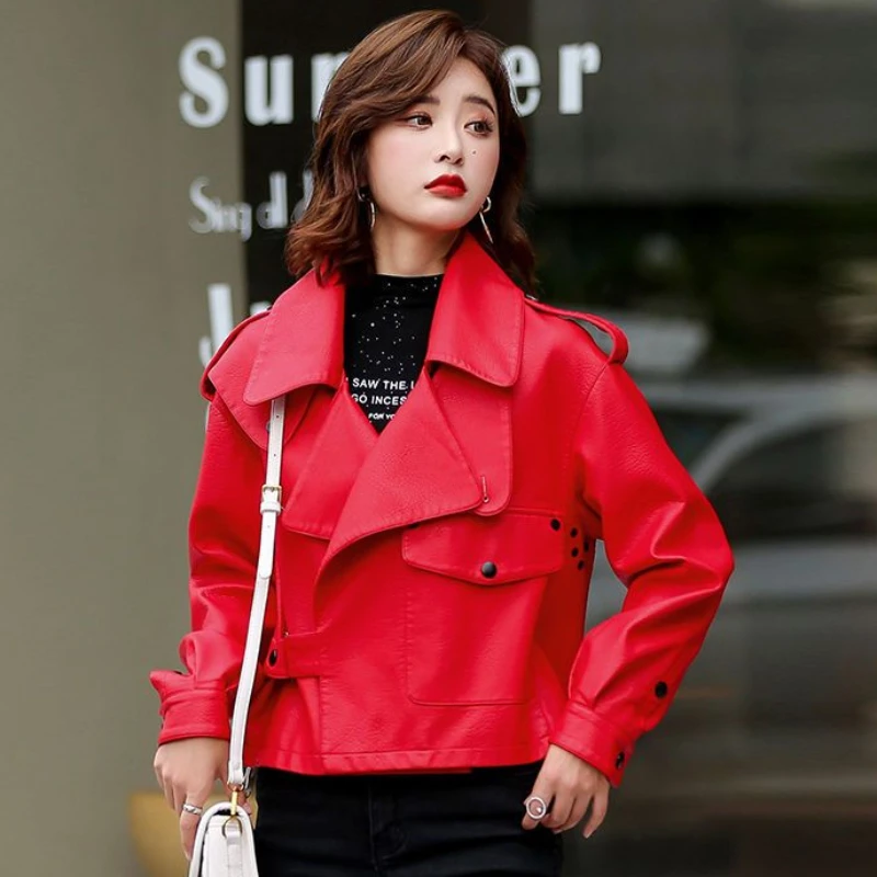 

2023 spring Winter New Women Leather Coat Short loose outwear Fashion biker jacket casual thin outcoat temperament top