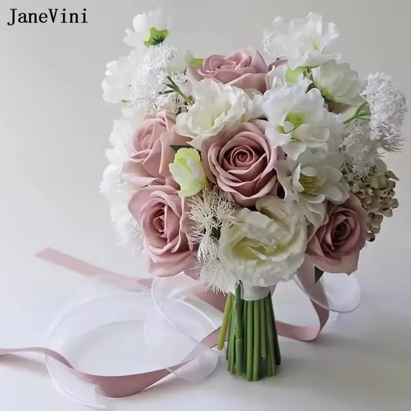 JaneVini Korean Bride Wedding Bouquet De Fleur Mariage Artificial Rose Bridal Flower Bouquet for Wedding Accessories Bruidboeket