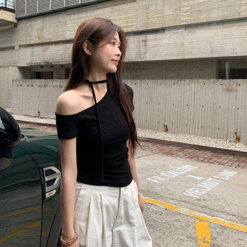 Summer Fashion Off-shoulder Short Sleeve Slim T-shirt Women Sexy Y2K Crop Top