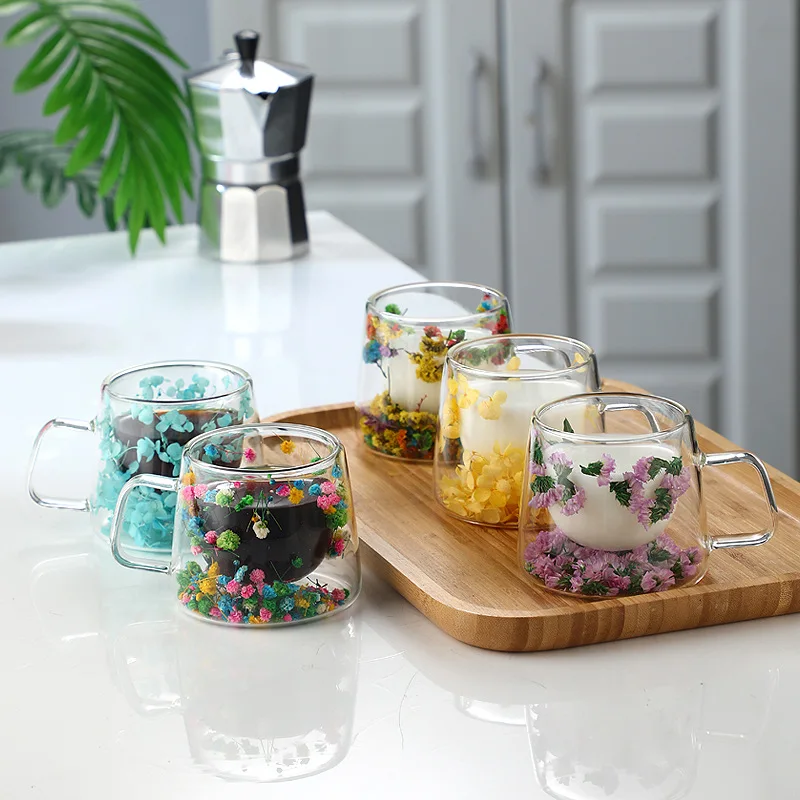 200ML Tumbler Double Walled Glass Cups with Real Dried Flowers Heat Resistant Coffee Mugs Floral Tea Cups Kitchen Accessories
