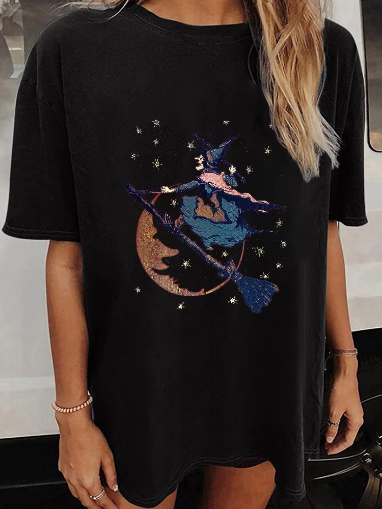 Seeyoushy Witch Flying Halloween Print 2023 New Short Sleeve Crew Neck Ladies T-shirt Casual Ladies Top Y2K Aesthetic Clothing