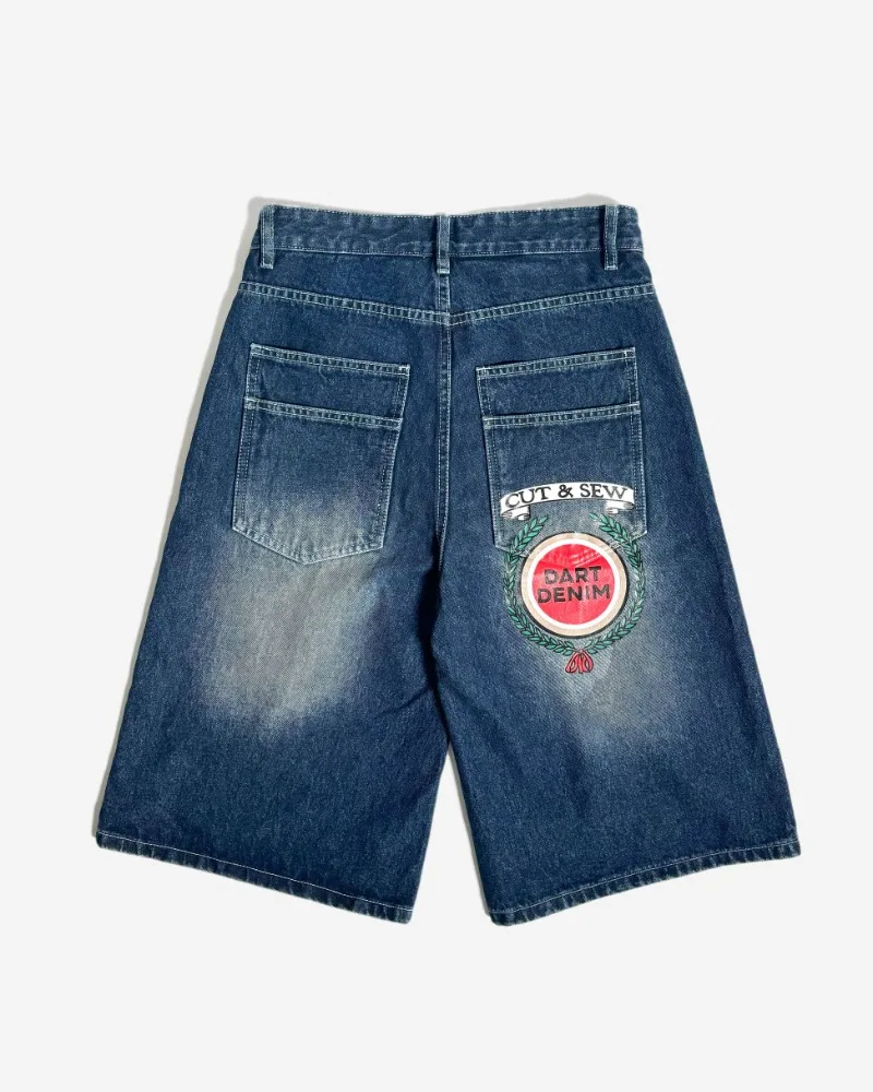 

American style classical streetwear Y2K baggy badge graphic printed casual shorts beach shorts men retro Harajuku denim shorts