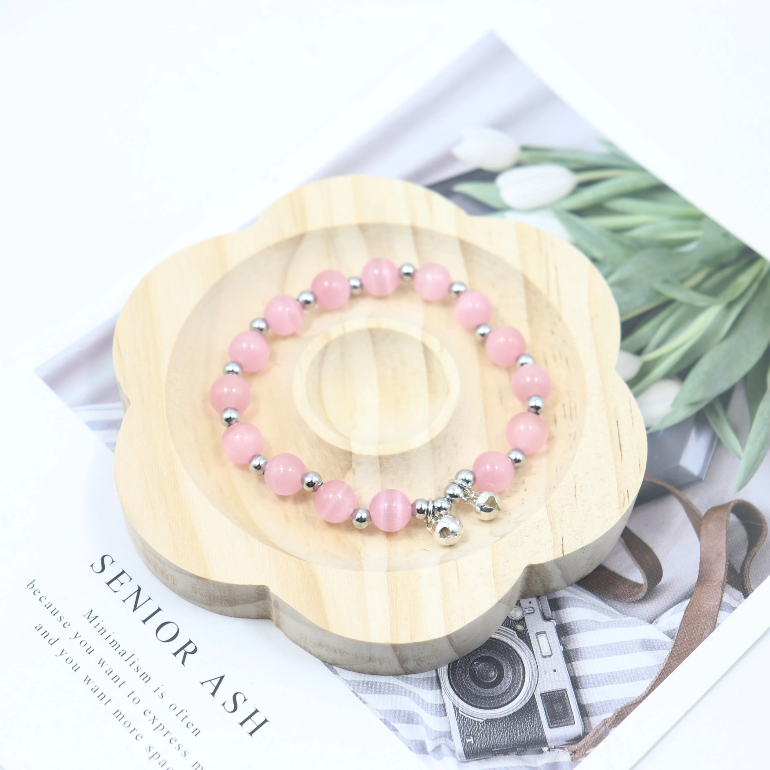 Summer Jewelry Pink Strand Beads Bracelet Handmade Elastic Hand Accessories Double Bell Beaded Bracelets Girl Gift