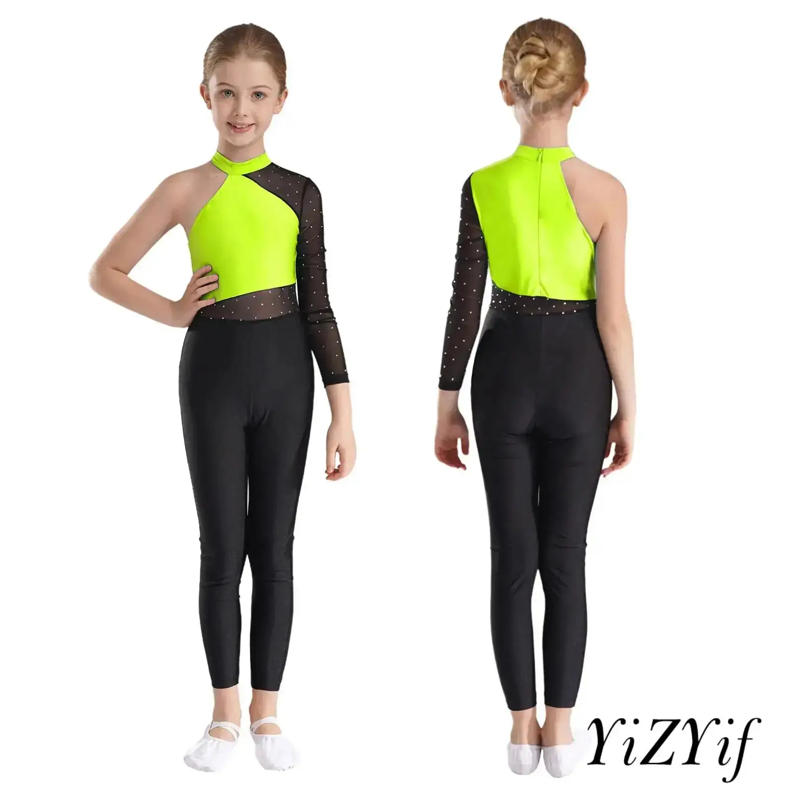 

‌Sparkling Figure Skating Dance Jumpsuit for Girls Sheer Mesh Patchwork Invisible Zipper for Gymnastics Performances Competition