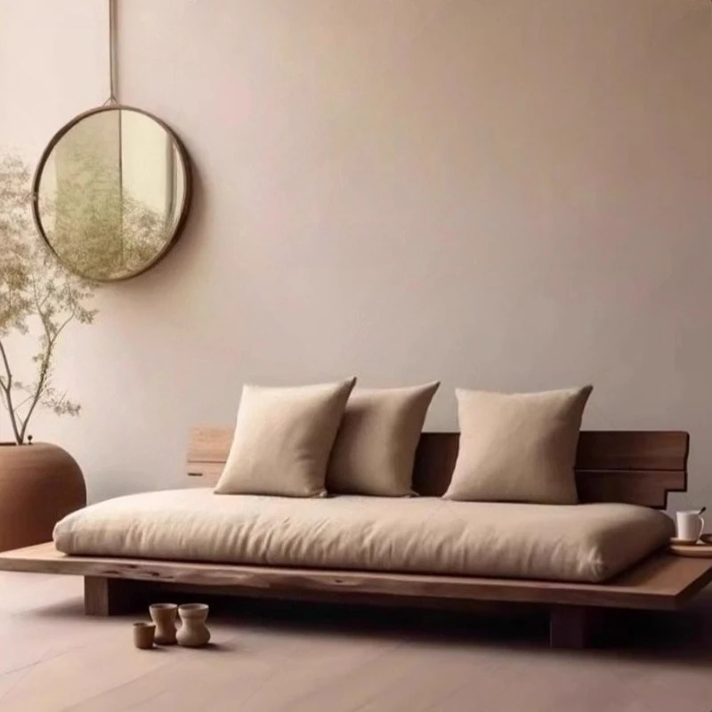 أريكة قائمة على الأرض سجل Wabi-sabi نمط أريكة خشبية صلبة قابلة للإزالة وقابل للغسل منطقة الراحة أثاث غرفة المعيشة أريكة الصنوبر