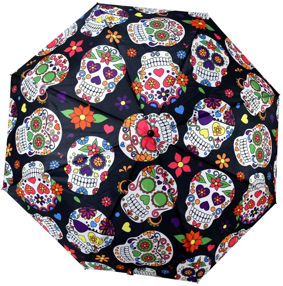 

Sugar Skull Umbrellas Day of The Dead Skeleton Bone Windproof Folding Travel Umbrella Collapsible Portable Umbrella for Teens