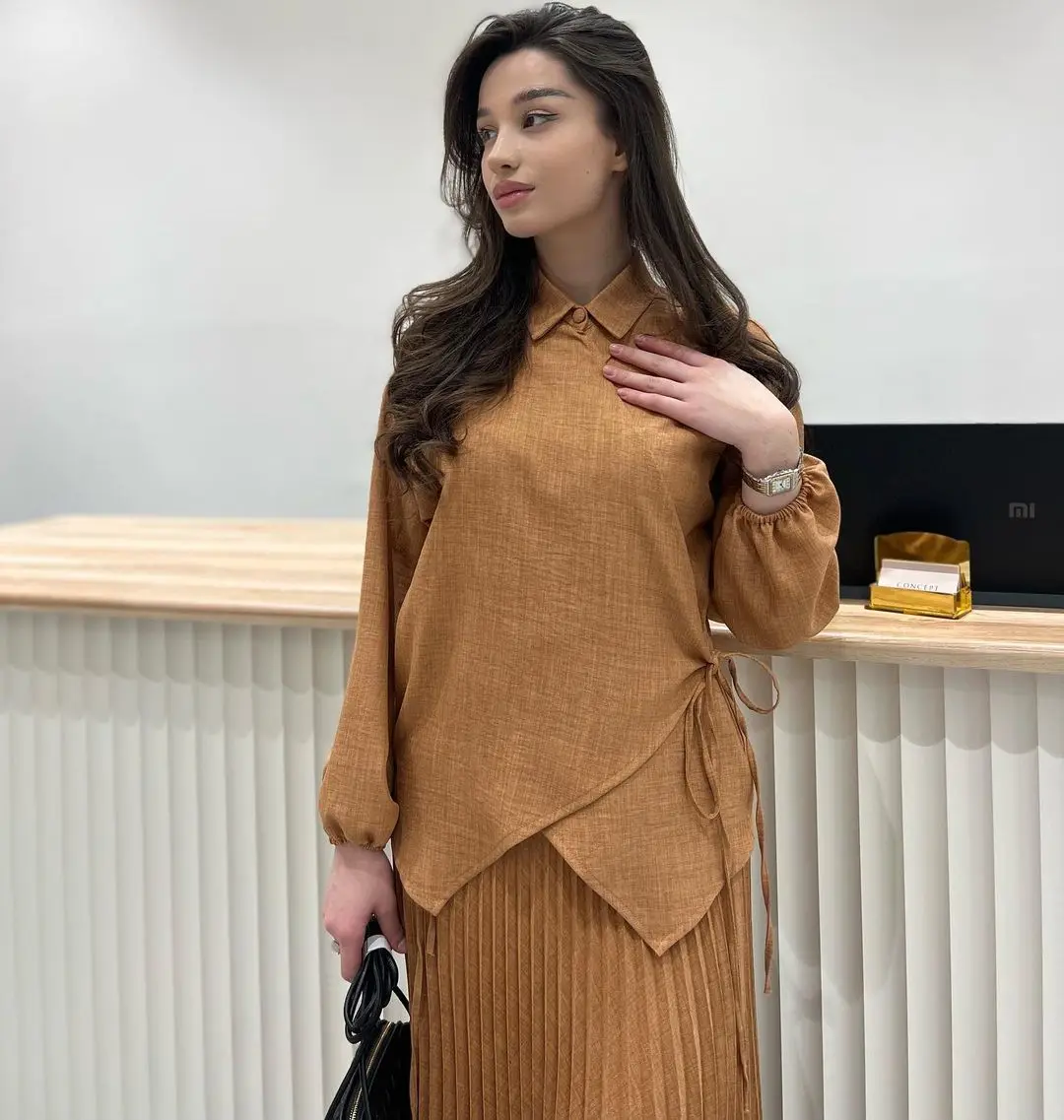 Spring Summer Fashion Shirt Two Piece Set Women Casual Lace Up Shirt Pleated Skirt Two Piece Set Muslim Women