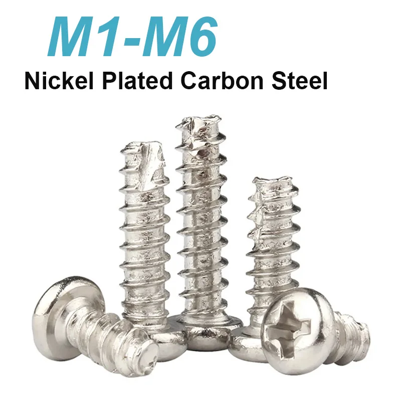 10-250pcs Nickel Plated Carbon Steel Cross Round Pan Head Screw Bolt M1 M1.2 M1.4 M1.6 M1.7 M2 M2.5 M3 M3.5 M4 M5 M6