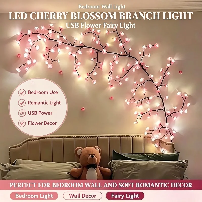 Cherry Blossom Tree Branch Lamp USB Flower Light Room Christmas Cozy Night Ambience Lighting for Apartment Bedroom Decor